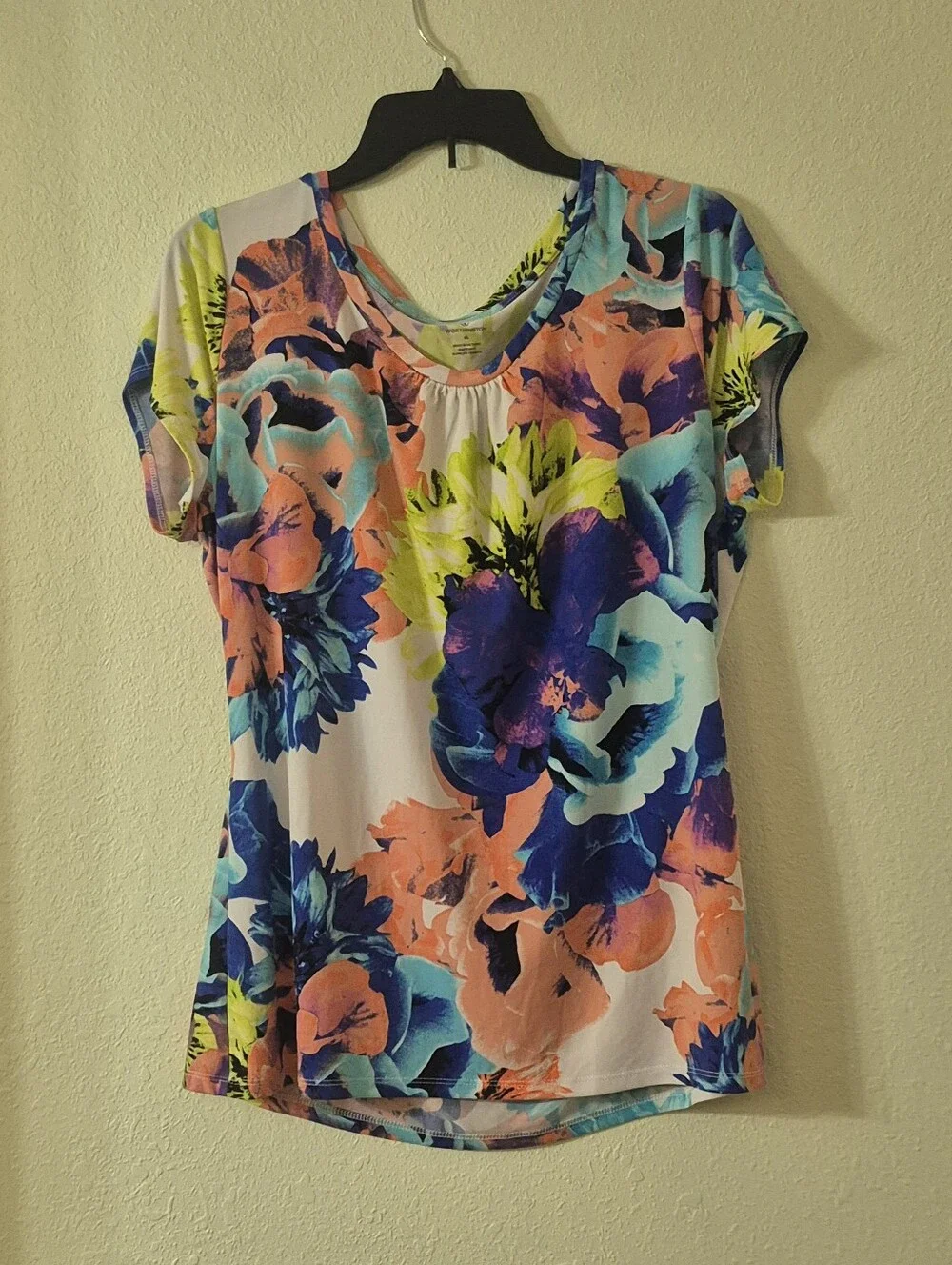 Worthington White Floral Short Sleeve Tee with Blue, Coral & Neon Yellow